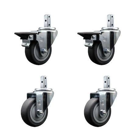 Service Caster 3.5'' Thermoplastic Rubber Swivel 7/8'' Square Stem Caster Set 2 Brake, 4PK SCC-SQ20S3514-TPRB-PLB-78-2-S-2